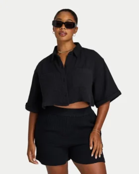 Camicia corta da resort da donna – nera