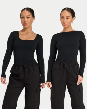 Top da donna essenziale a maniche lunghe dual wear – nero