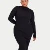 Vestito midi da donna a maniche lunghe con base a costine – nero