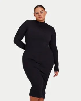 Vestito midi da donna a maniche lunghe con base a costine – nero
