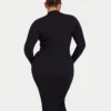 Vestito midi da donna a maniche lunghe con base a costine – nero