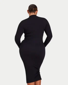 Vestito midi da donna a maniche lunghe con base a costine – nero