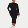 Vestito midi da donna a maniche lunghe con base a costine – nero
