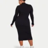 Vestito midi da donna a maniche lunghe con base a costine – nero
