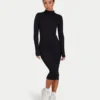 Vestito midi da donna a maniche lunghe con base a costine – nero